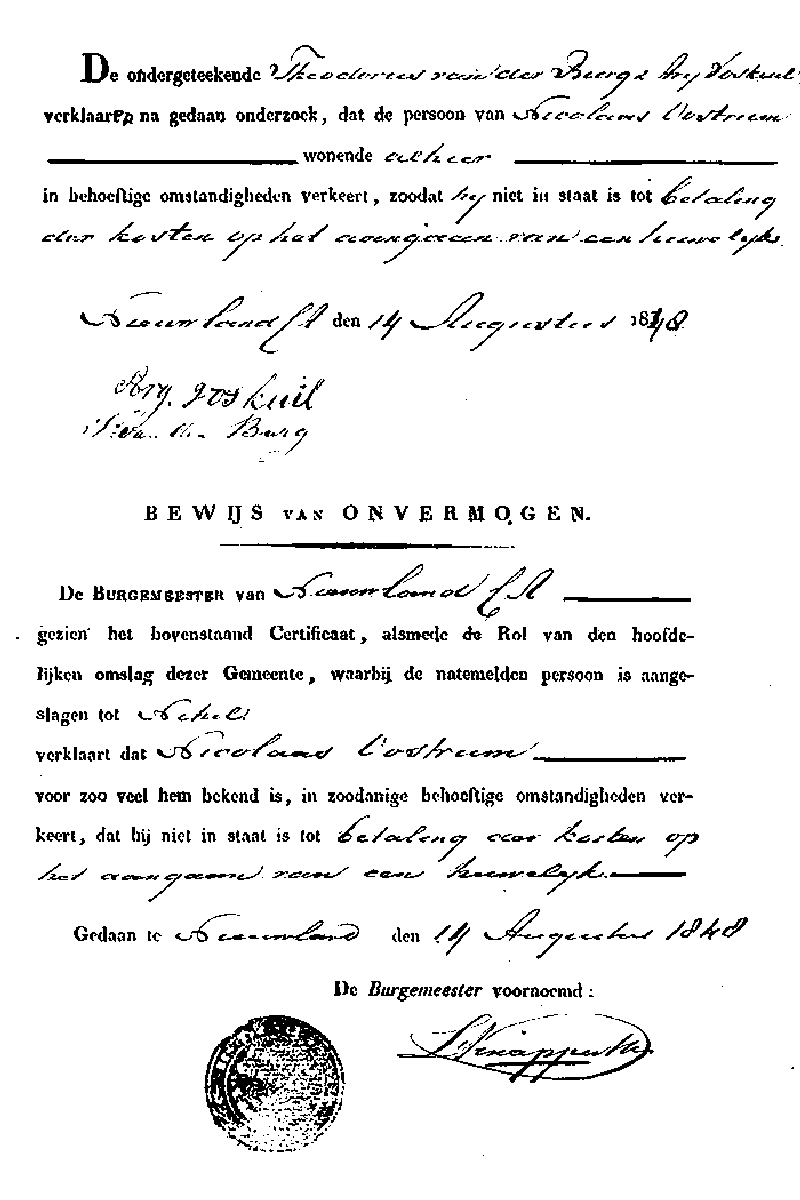 18480814 akte v onvermogen Nicolaas Oostrum ivm huw A vd Werf